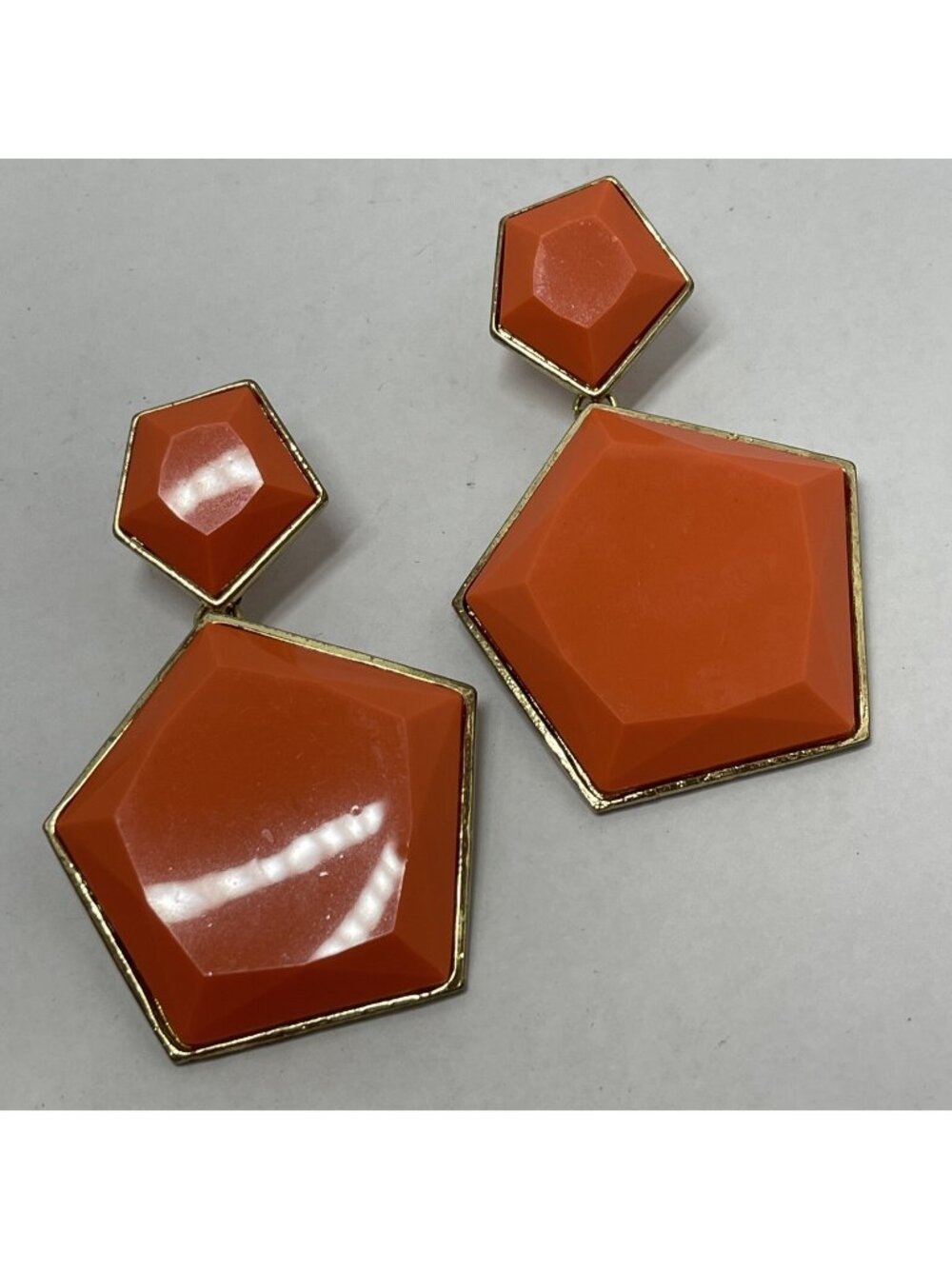 Vintage Seventies Pierced Earrings Gold tone Orange Acrylic Pentagon Dangles